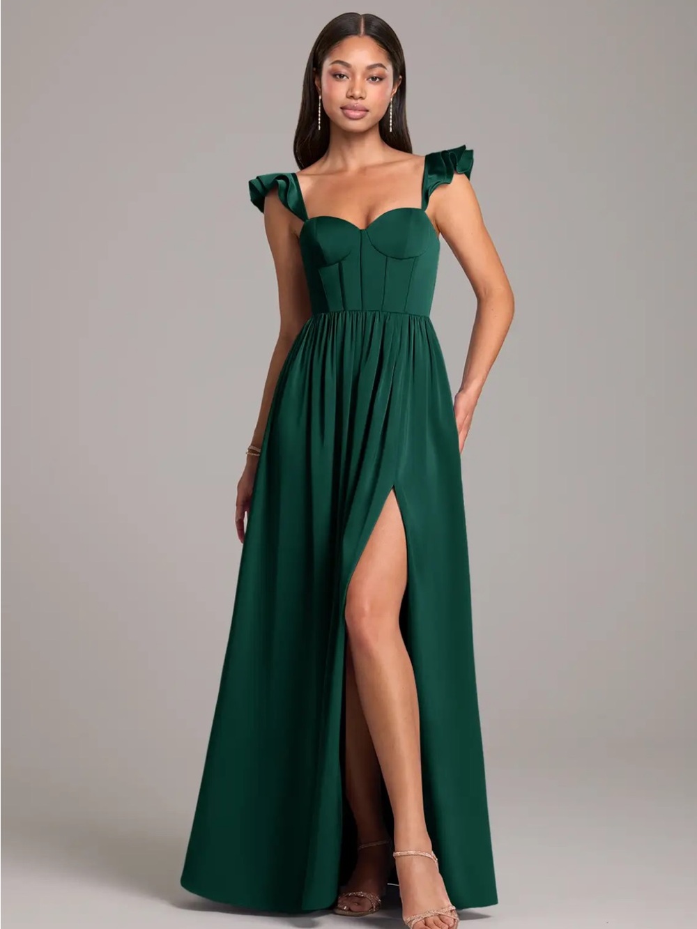 Azazie Denisse Stretch Emerald A-Line Ruched Stretch Satin Dress